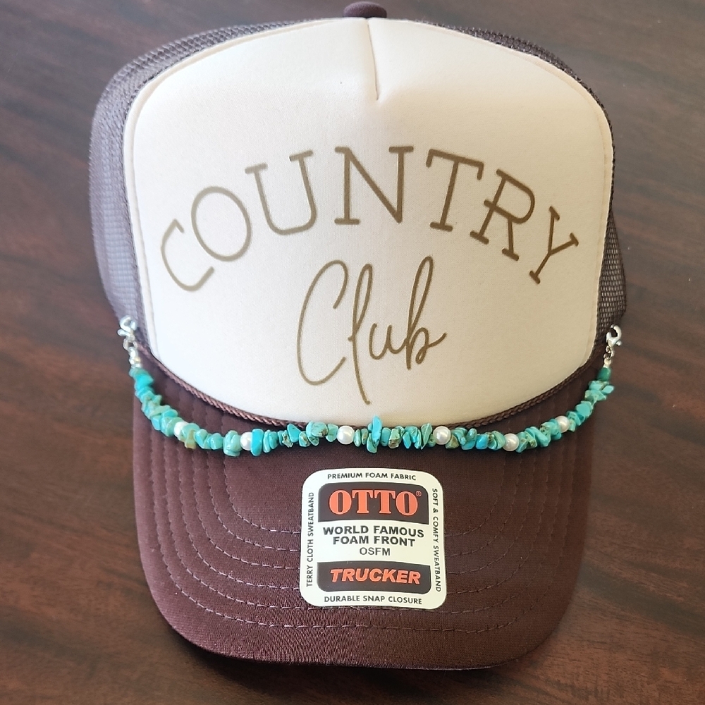 Brown and Cream Trucker Hat with Turquoise Beads